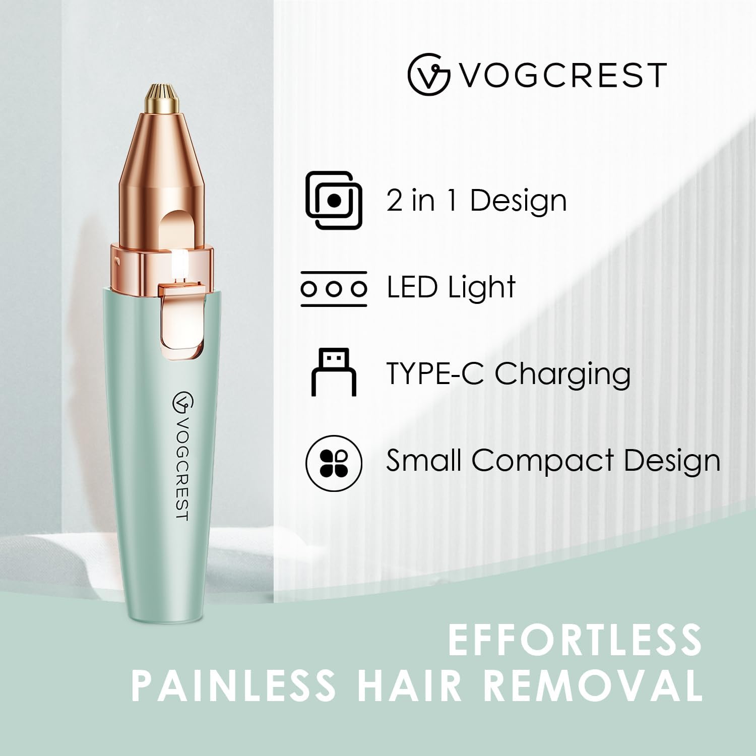 VG VOGCREST Eyebrow Facial Trimmer: 2 in1 Rechargeable Facial Hair Removal and Eyebrow Shaver - Face Lips Body Painless Facial Razor with Built-in LED Light (Green)