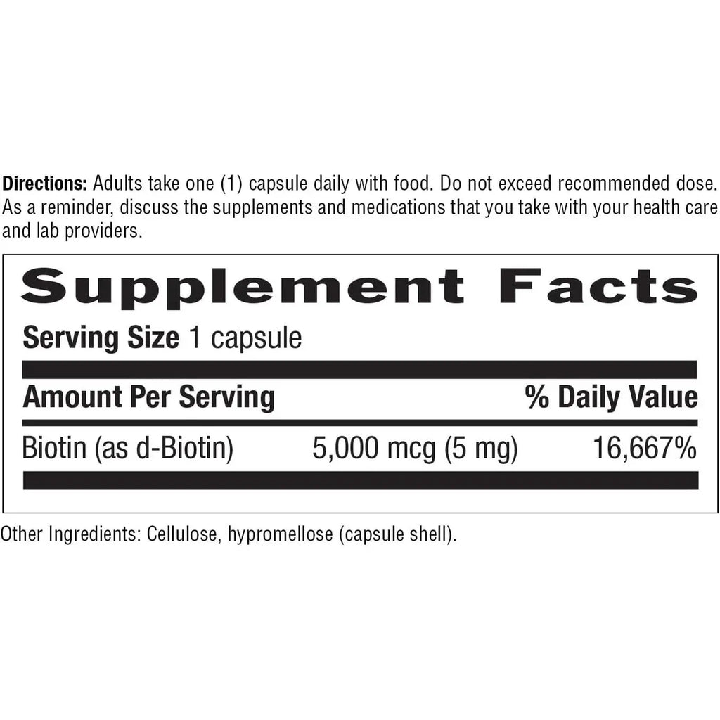 Country Life Biotin 5mg supplement facts label showing 5,000 mcg serving size and directions