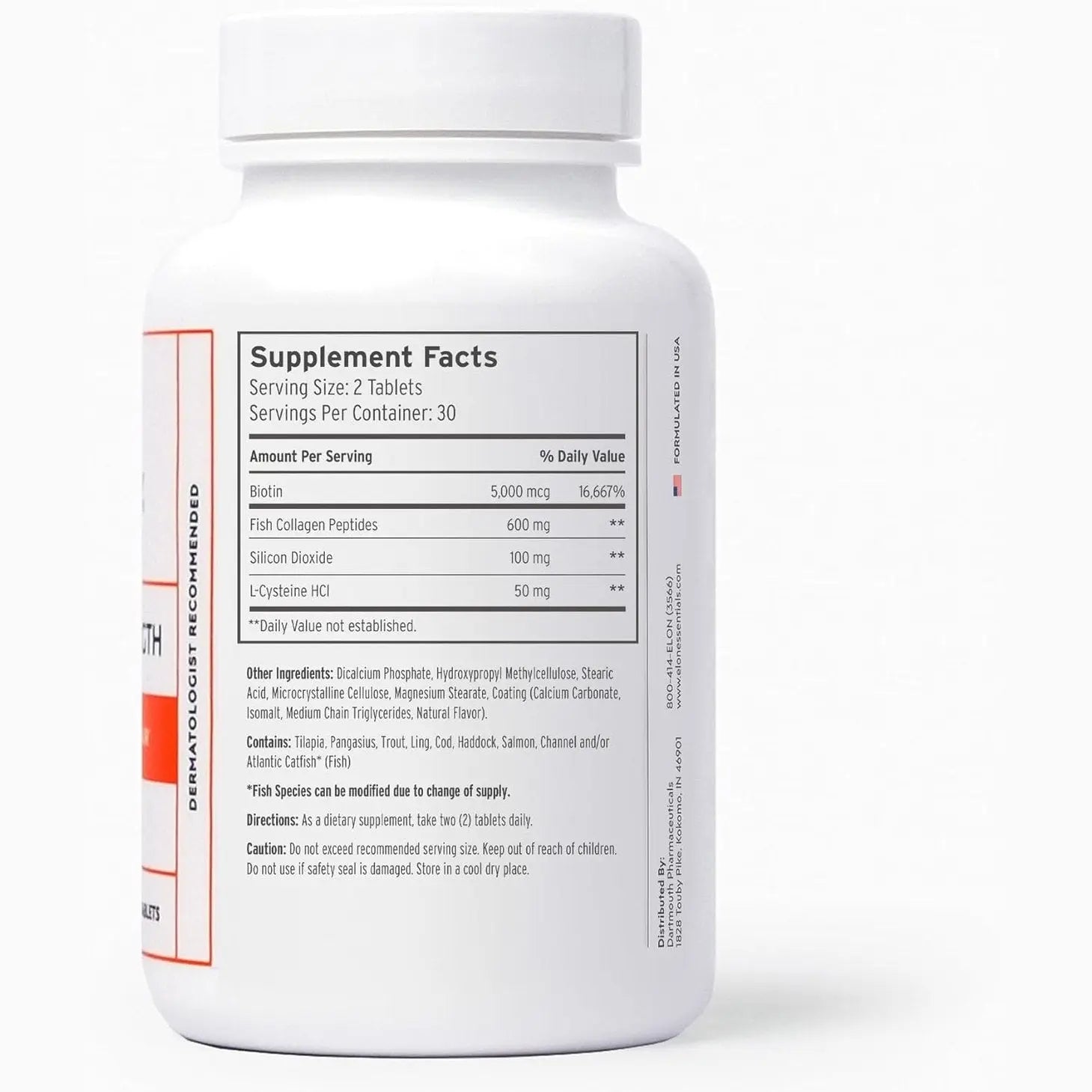 Close-up of Elon R3 supplement facts panel featuring biotin and collagen details