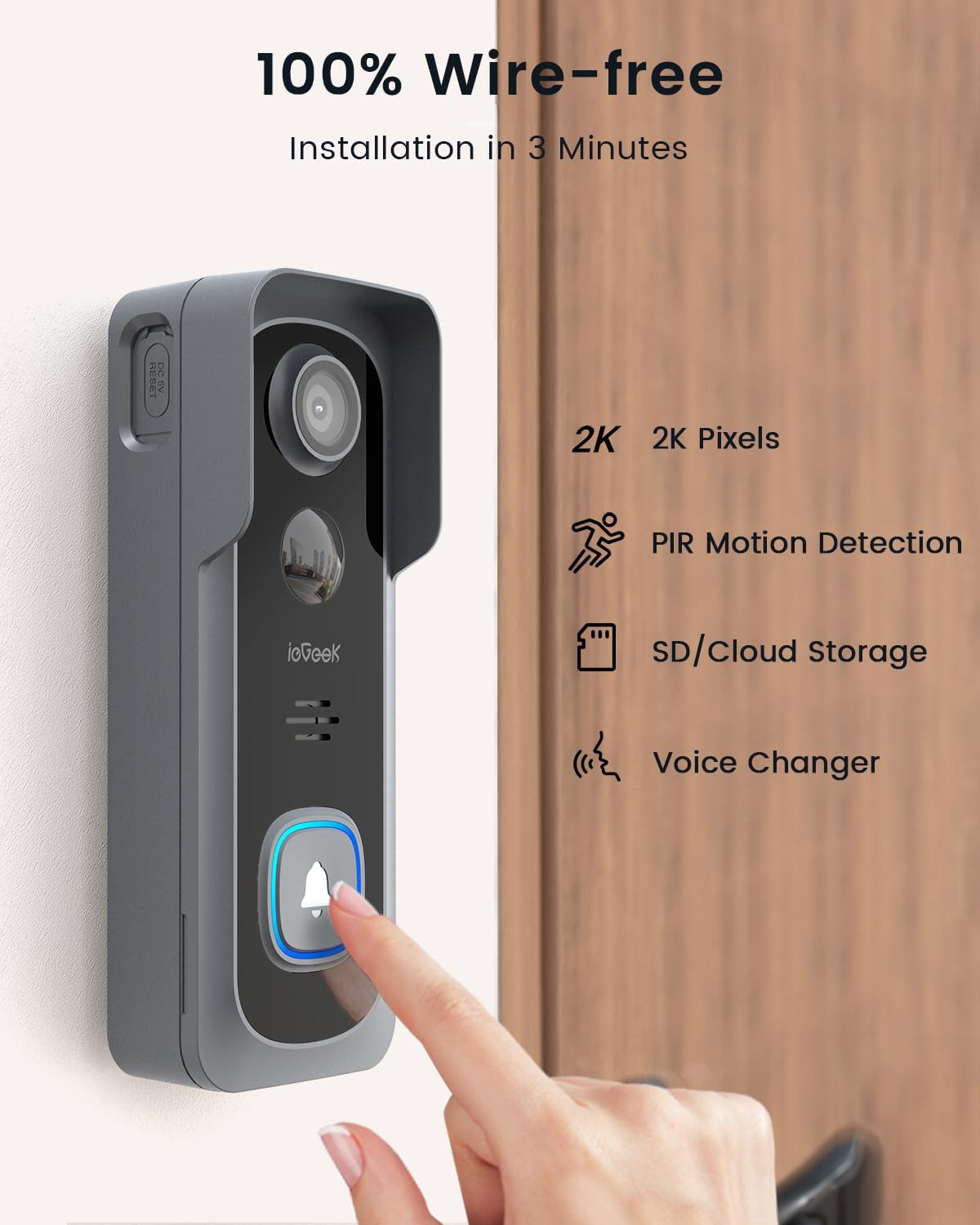 ieGeek Video Doorbell Wireless with Chime - 2K HD Doorbell Camera Grey, Smart Home Security Door Bell Voice Message and Changer, Two-Way Audio, PIR Detection, Easy Installation, Night Vision