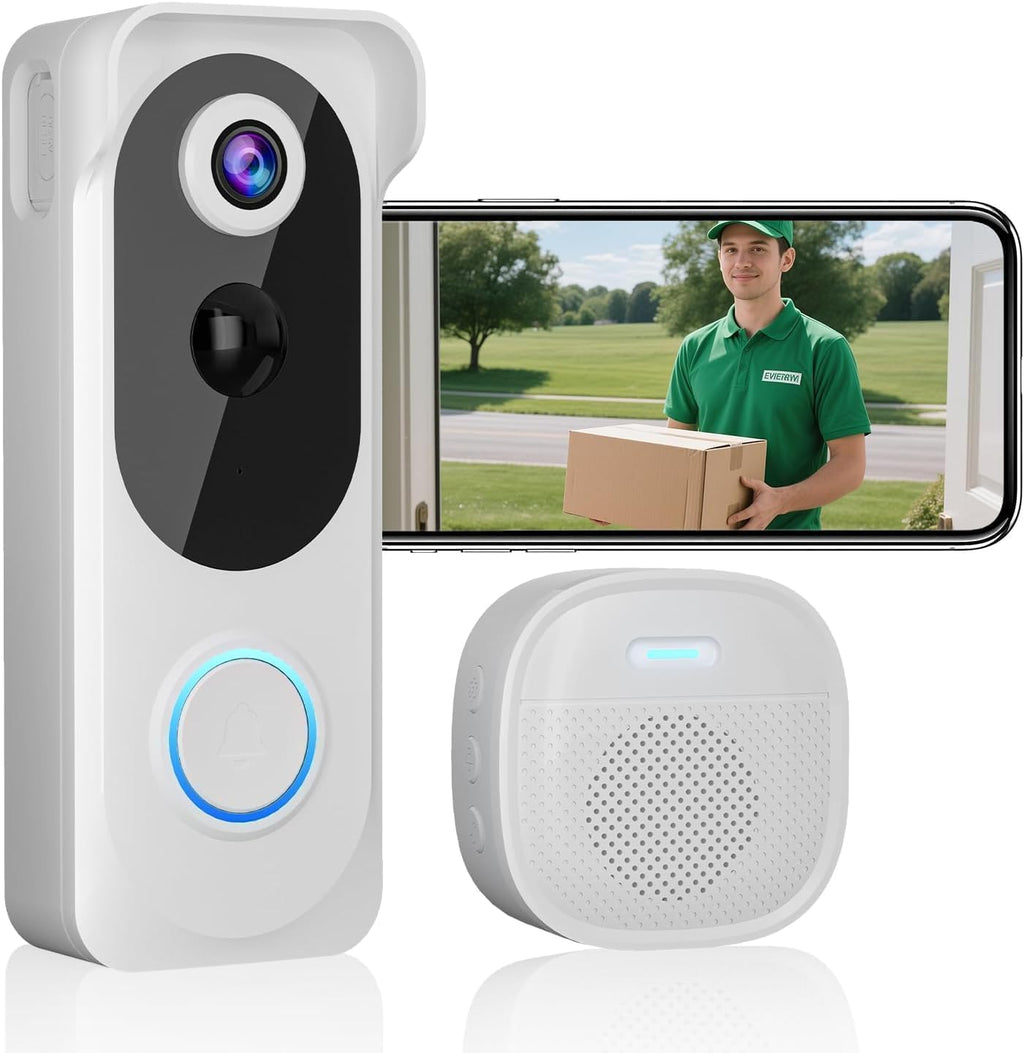 Wireless Video Doorbell with Chime 2K HD No Subscription Security Doorbell Camera PIR Motion Detection Night Vision 2-Way Audio Battery Powered Local/Cloud Storage Works with Alexa and Google