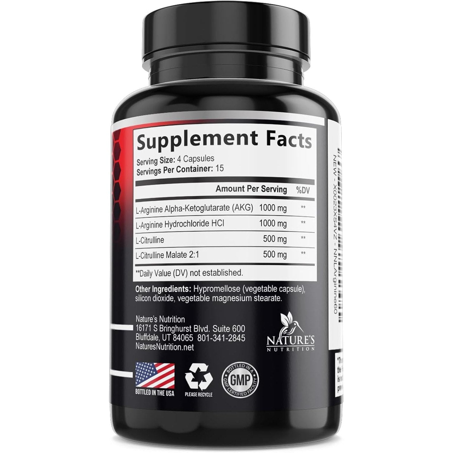 Supplement Facts panel for Nitric Oxide booster listing 1000mg L-Arginine AKG per serving