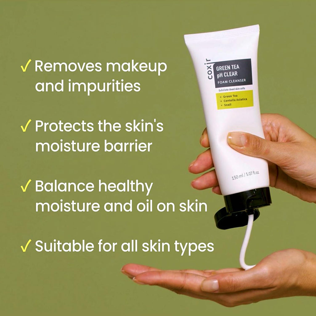 coxir GREENTEA PH CLEAR FOAM CLEANSER 5.07 Fl Oz l Low pH Formula Facial Washes with Gentle Exfoliating l deep cleanses pores and remove dead skin cells on skin