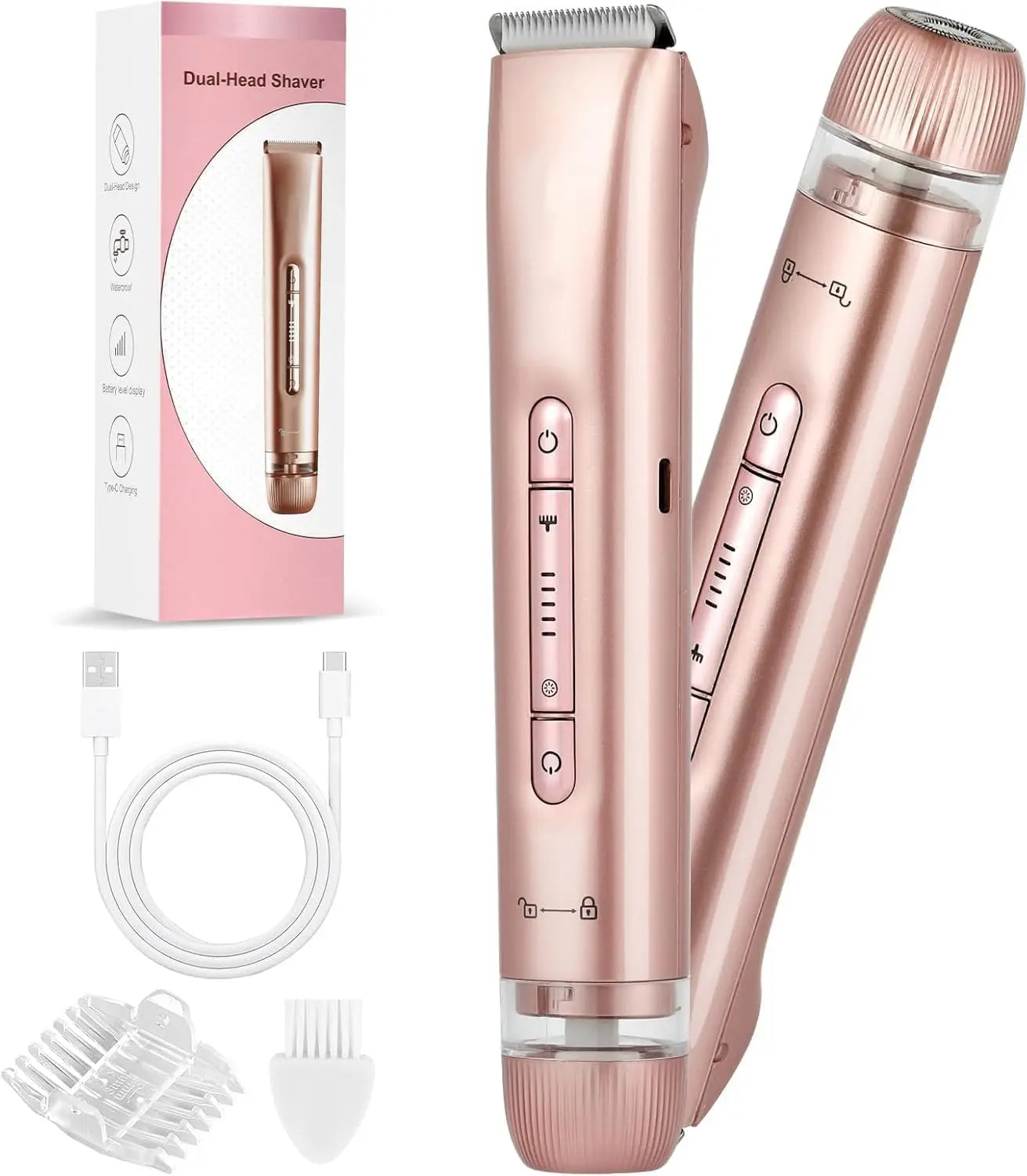 Rose gold ceramic blade bikini trimmer kit with USB-C cable, comb guard, and cleaning brush