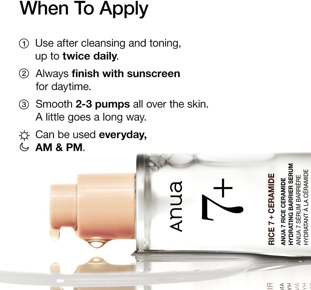 ANUA Rice Ceramide 7 Hydrating Barrier Serum, Brightening, Hydrating Serum for Face, Rice, Hyaluronic Acid, Niacinamide, Fragrance-free, Non comodogenic, Glass Skin, Korean Skin Care, 50ml/1.69fl.oz.