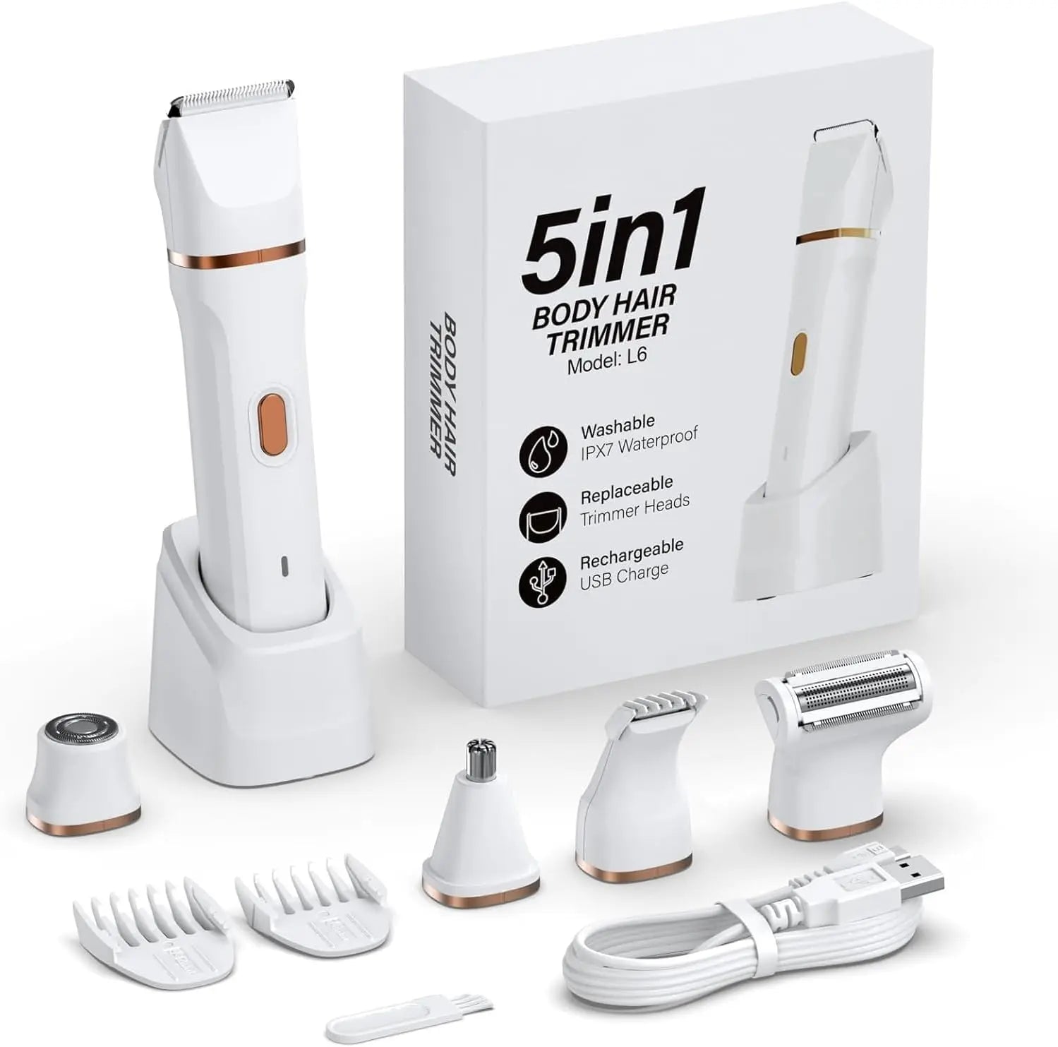 Electric Bikini Trimmer for Women - 4 in 1 Electric Shaver for Women, Waterproof Pubic Hair Trimmer and Facial Hair Remover, Replaceable Razors & Nose Hair Trimmer, Rechargeable Women's Grooming Kit