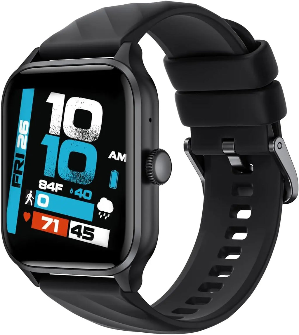 Black silicone strap smartwatch side profile with digital face