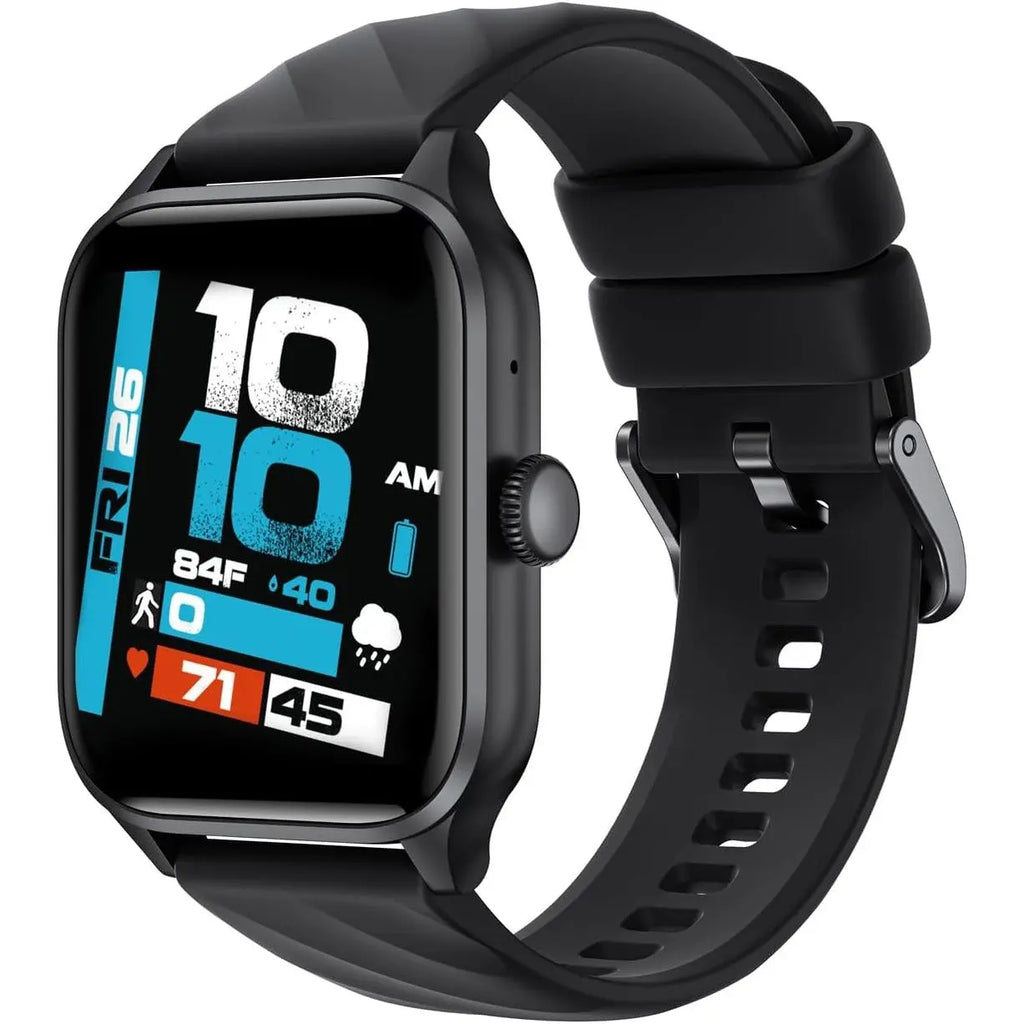 Matte black smartwatch with perforated silicone strap and digital interface