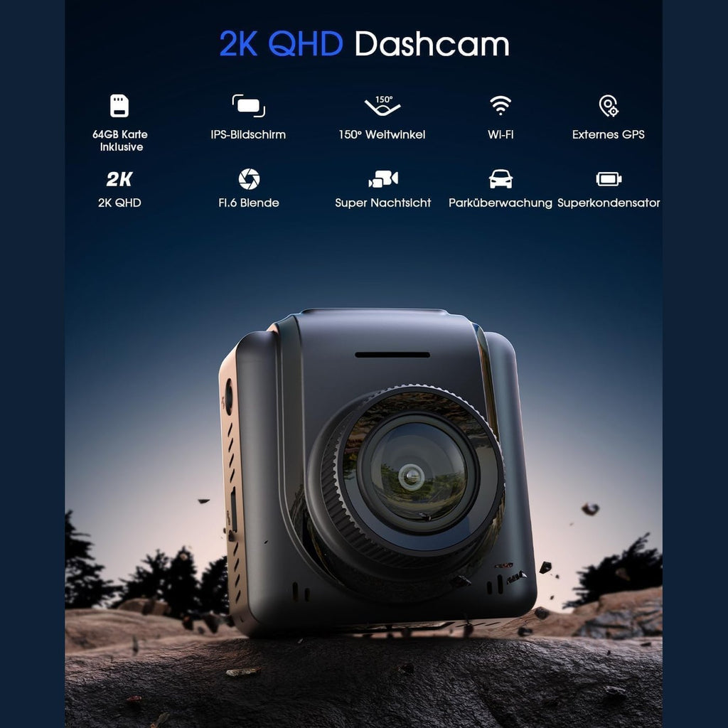 Dashcam Car WiFi 2K, Mini Front Car Camera with 64GB Map Supports External GPS Module, App, IPS Screen, Ultra Night Vision, 150° Wide Angle, WDR, 24 Hours Parking Mode and Motion Detection, G-Sensor