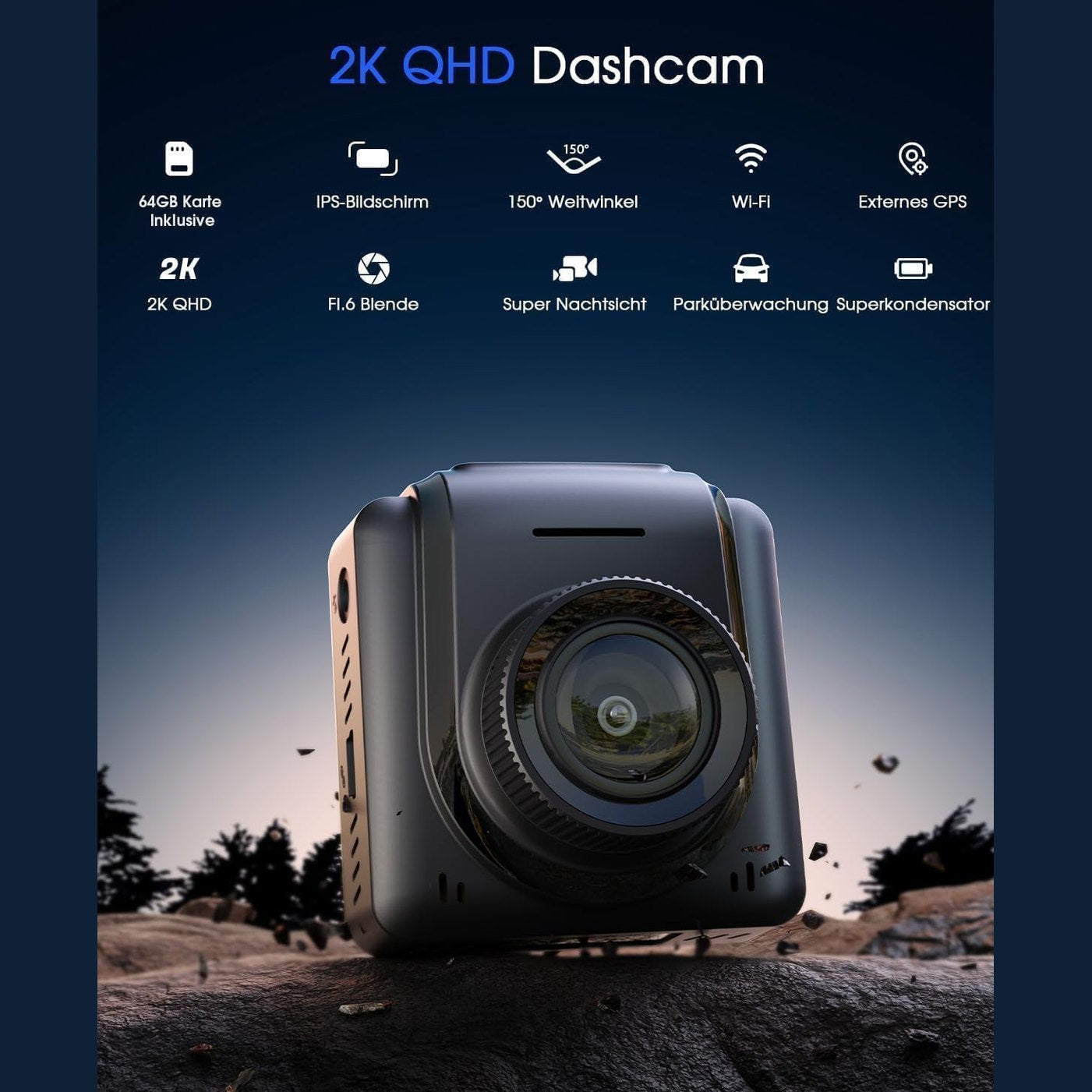 Dashcam Car WiFi 2K, Mini Front Car Camera with 64GB Map Supports External GPS Module, App, IPS Screen, Ultra Night Vision, 150° Wide Angle, WDR, 24 Hours Parking Mode and Motion Detection, G-Sensor