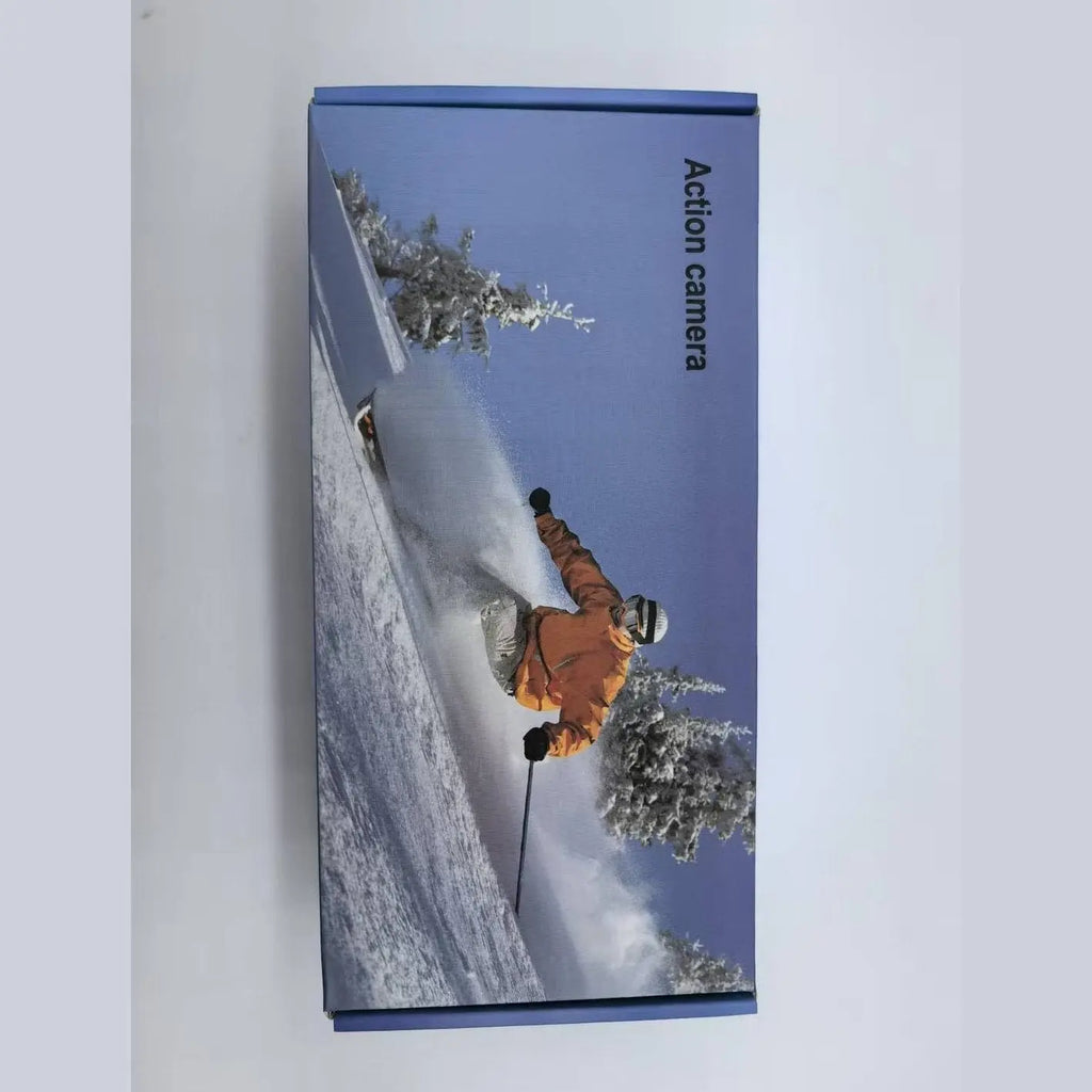 Jadfezy action camera box featuring skier on snow-covered mountain terrain