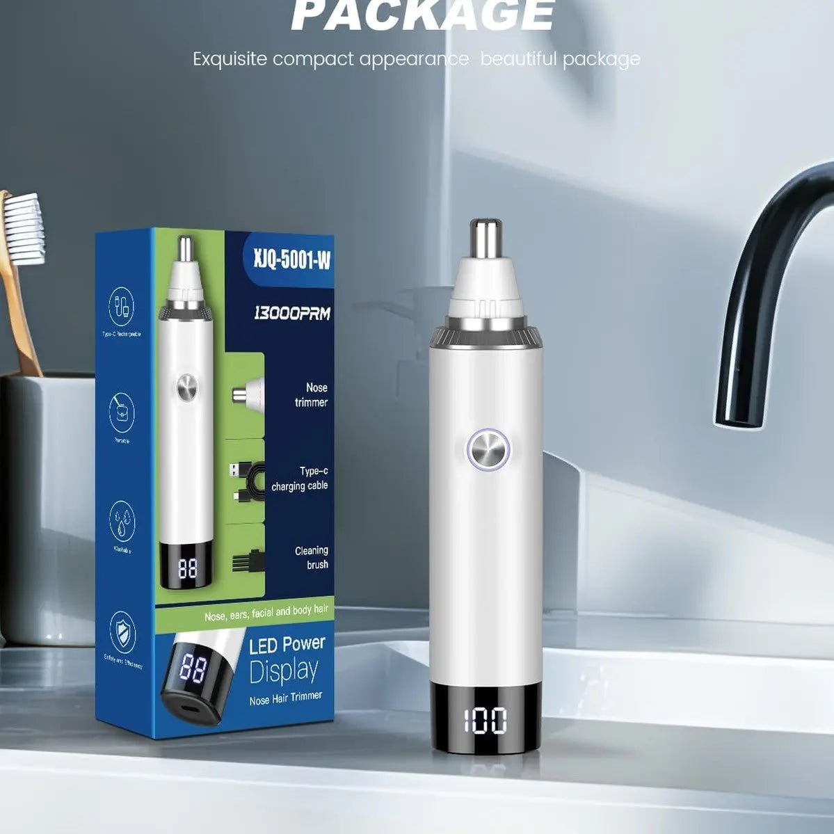 Rechargeable USB Nose & Ear Trimmer, Facial Hair Remover, Easy to Clean, Dual Edge Blades, IPX7 Waterproof,White