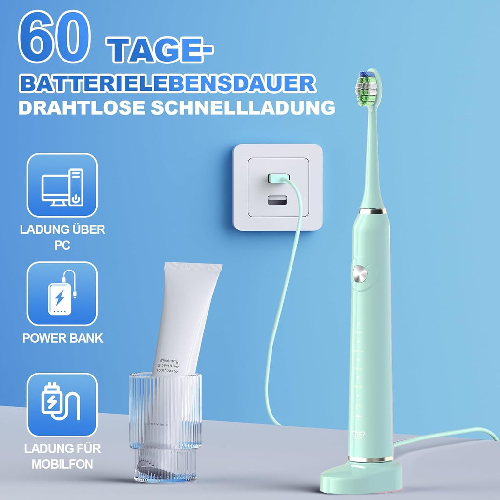 JTF Electric Toothbrush, Sonic Toothbrush with 6 Brush Heads, 40,000 VPM, 5 Modes, Electric Toothbrush with Travel Case, Endurance 60 Days, IPX7, 2 Minutes Smart Timer, Green