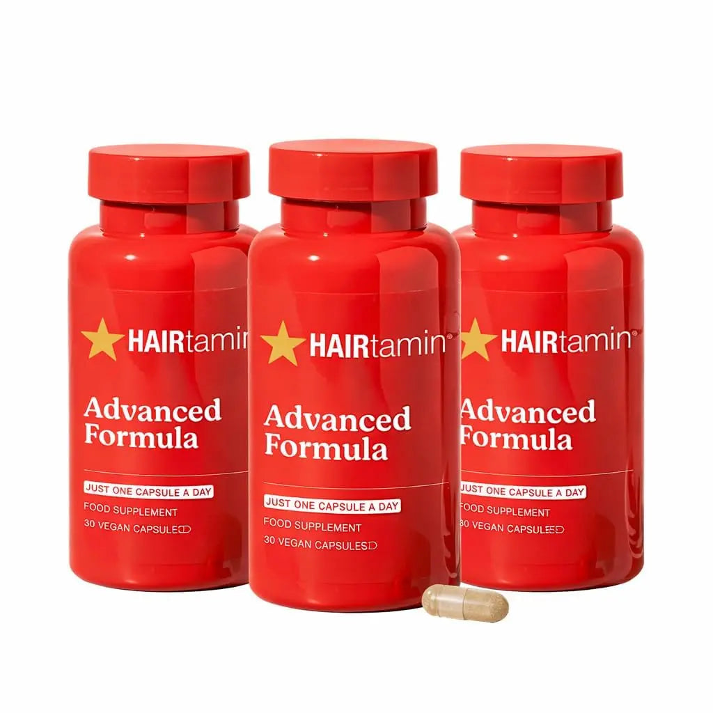 Three pack of HAIRtamin Advanced Formula vegan capsules with one-a-day dosage
