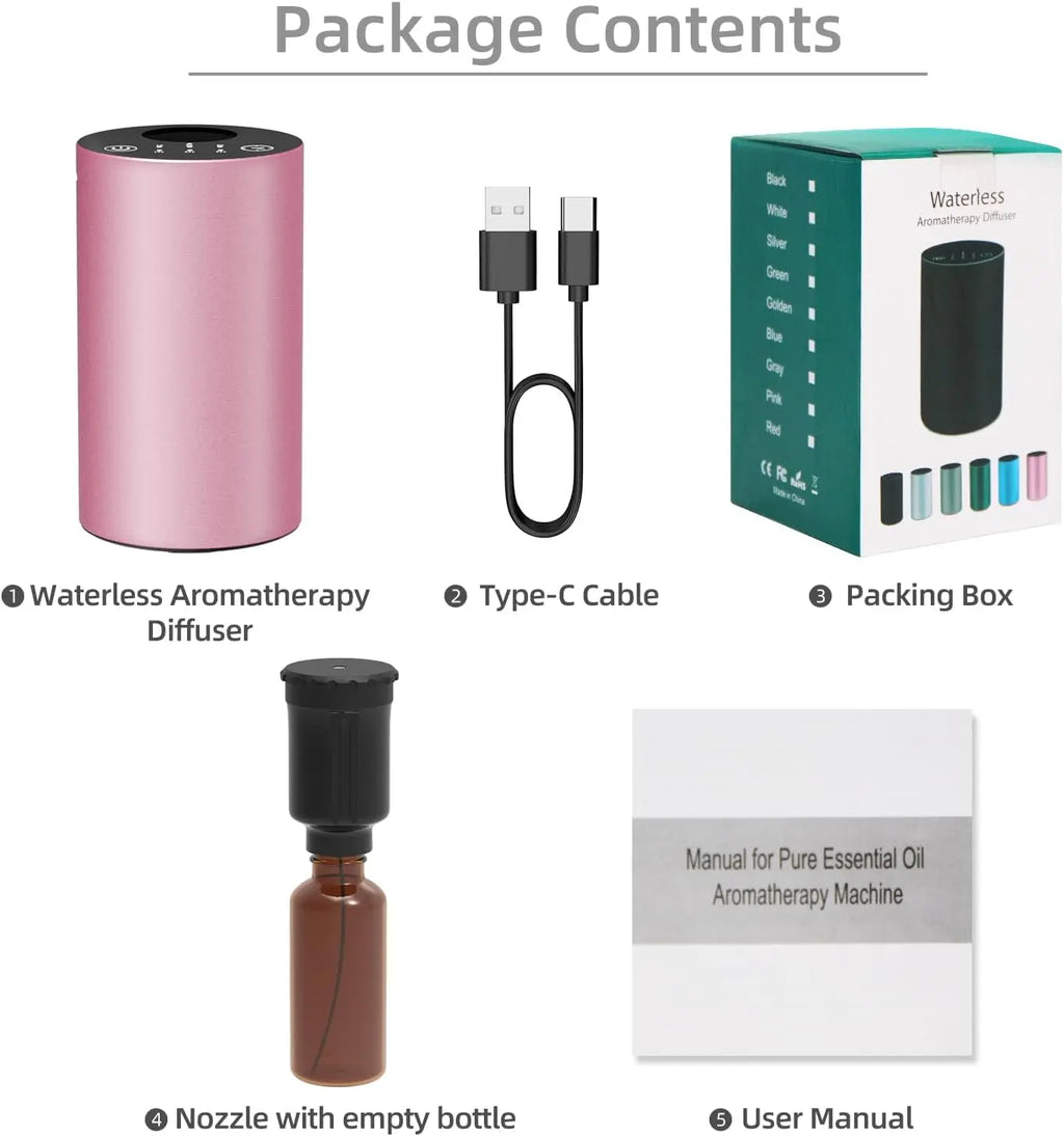 Waterless aromatherapy diffuser package contents including cable manual and color options