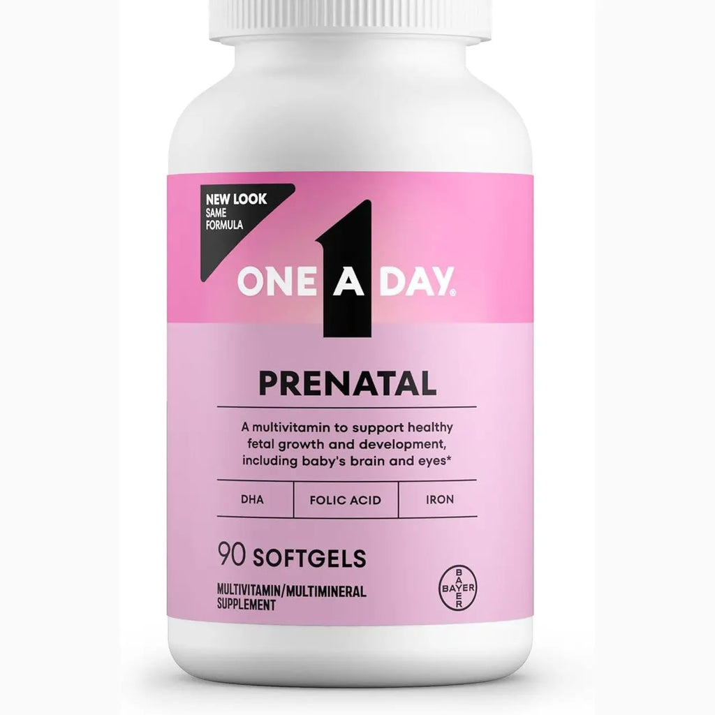 White One A Day Prenatal Multi bottle with pink label containing 90 softgels