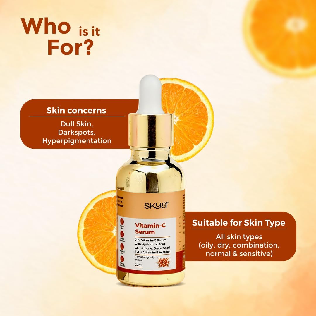 Skya Vitamin C Serum With Vit E, & Ferulic Acid For Glowing Skin | Advanced Brightening Formula With Power of Vit C & E, Ferulic Acid & Fullerenes create a smooth layer, 20 ml