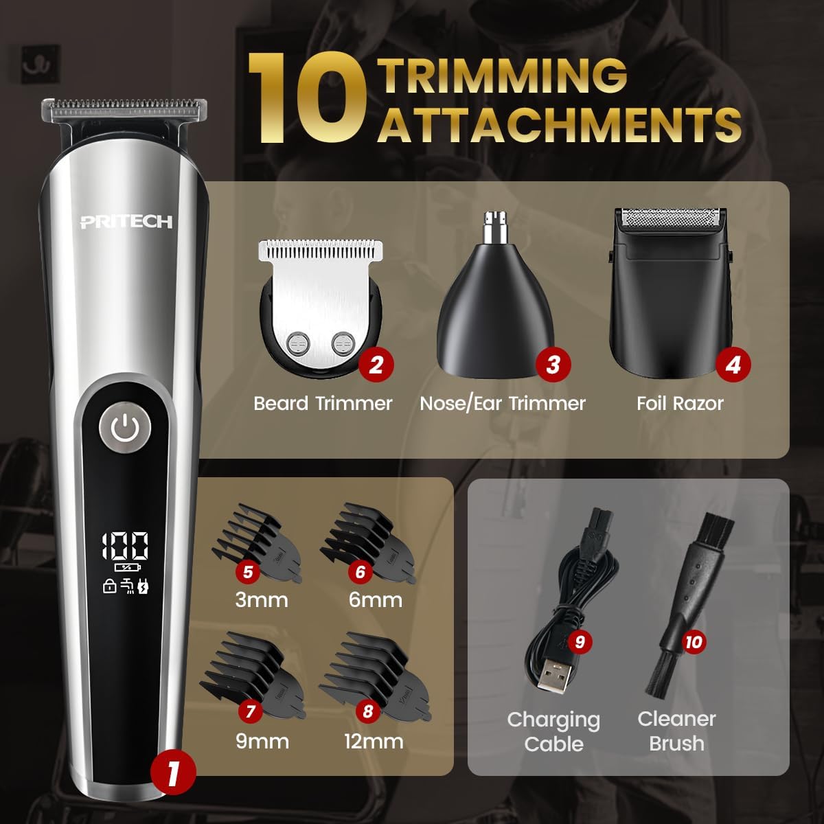 Pritech Hair Clippers for Men, Nose Trimmer, Micro Shavers 3 in 1 Men's Care Kit Wireless Rechargeable Electric Hair Trimmer with LED Display and T Cutting Head, IPX6, Black