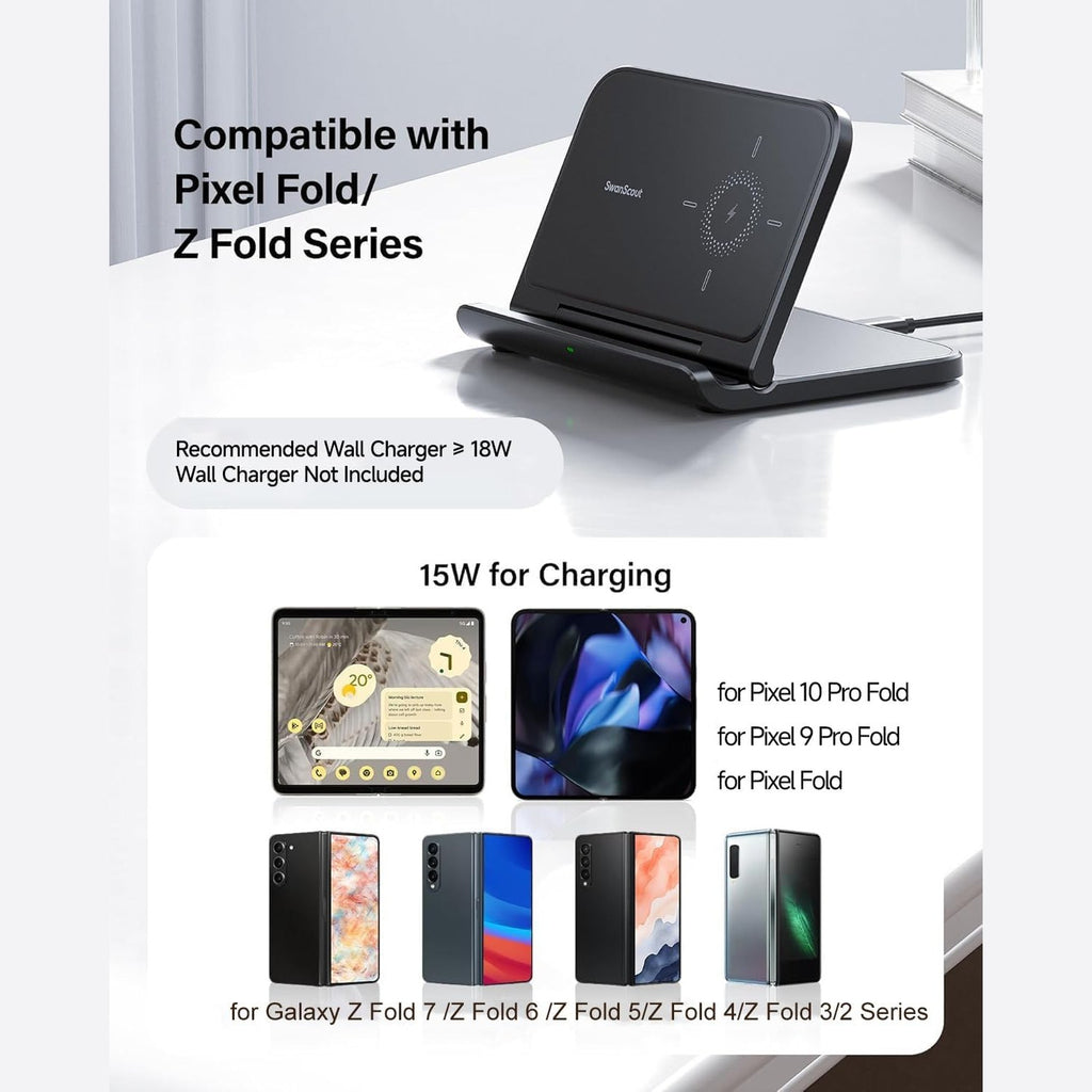 SwanScout Wireless Charger for Samsung Z Fold, Foldable Charging Station for Galaxy Z Fold 5/ Z Fold 4/ Z Fold 3, Samsung Wireless Phone Charger Stand for Z Fold/Z Flip Series (No Adapter)