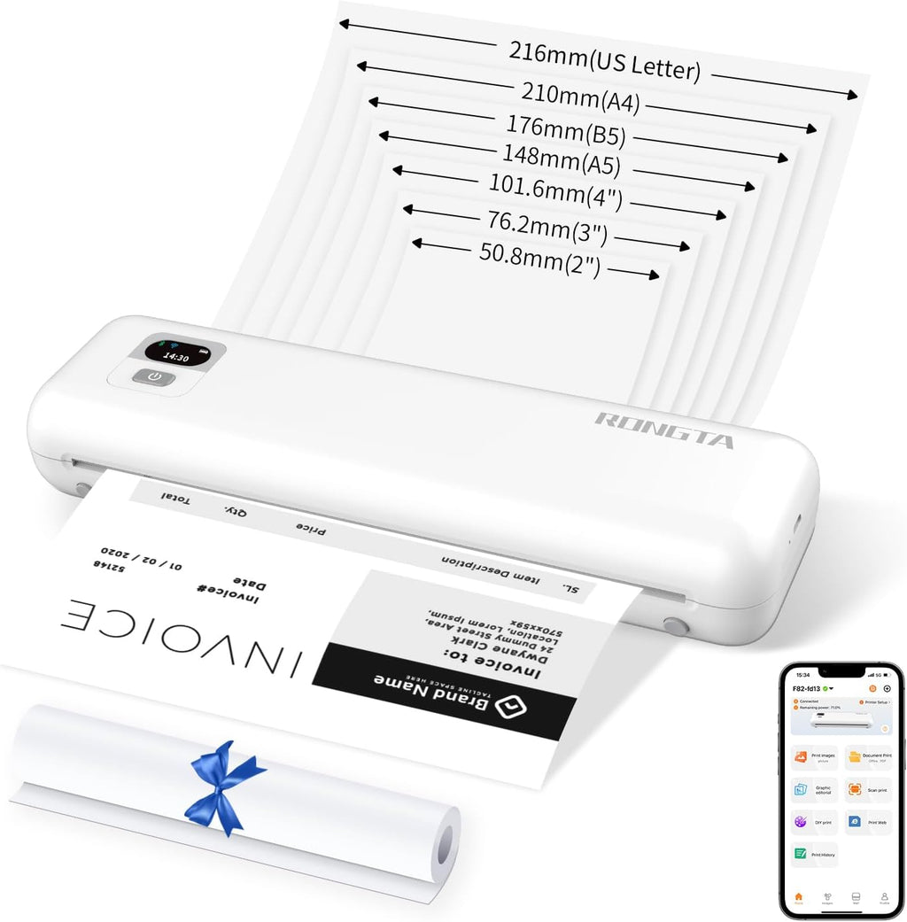Rongta Portable Printers Wireless for Travel, 300DPI WiFi & Bluetooth Mobile Thermal Inkless Printer for School/Office/Home Use, Compatible with Android,iOS & Laptop (White)