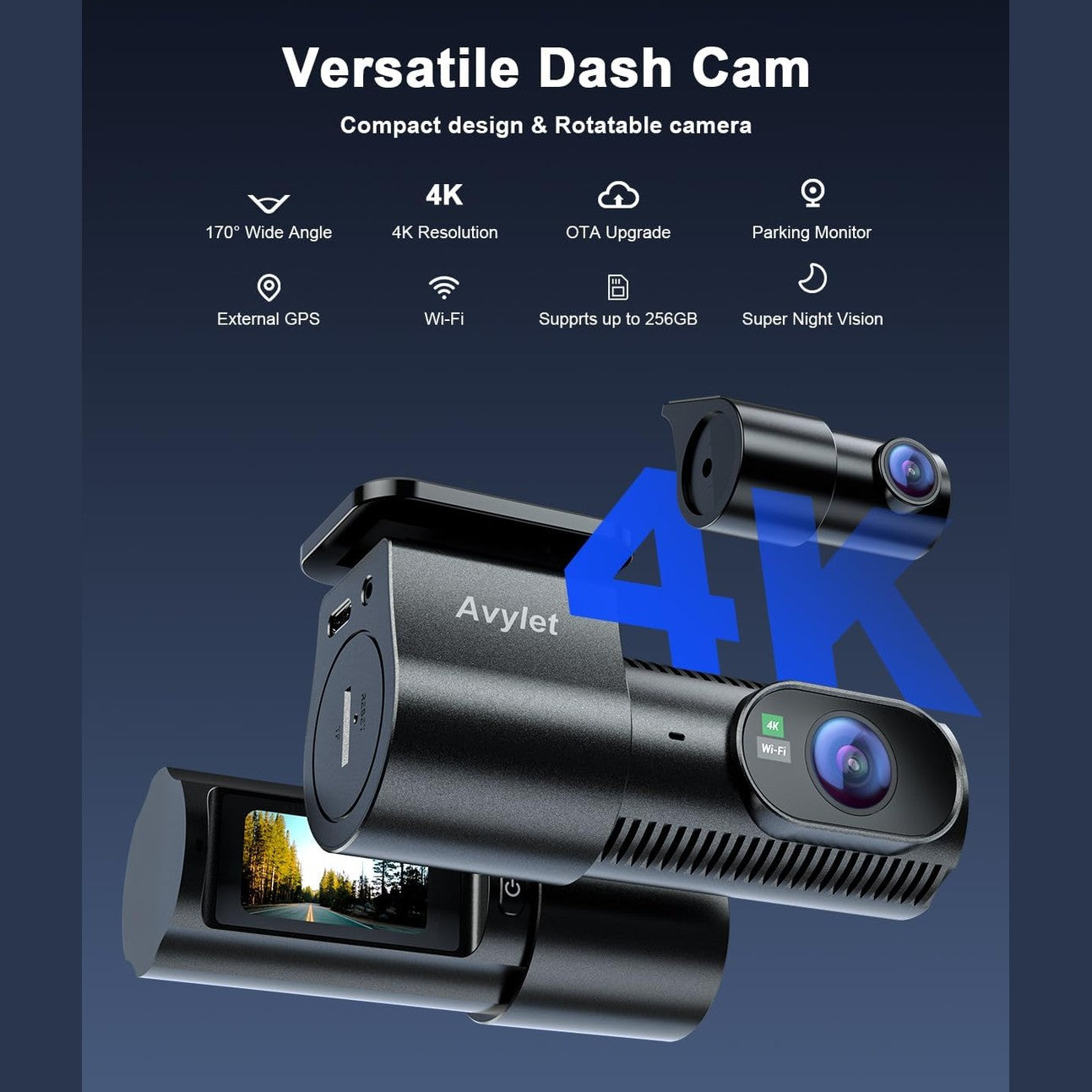 Avylet 4K+1080P Dash Cam Car Front Rear Wi-Fi/App Dual Car Camera with Parking Monitoring, Supports External GPS Module, Super Night Vision, WDR, 170°+150° Wide Angle, G-Sensor, Max 256GB