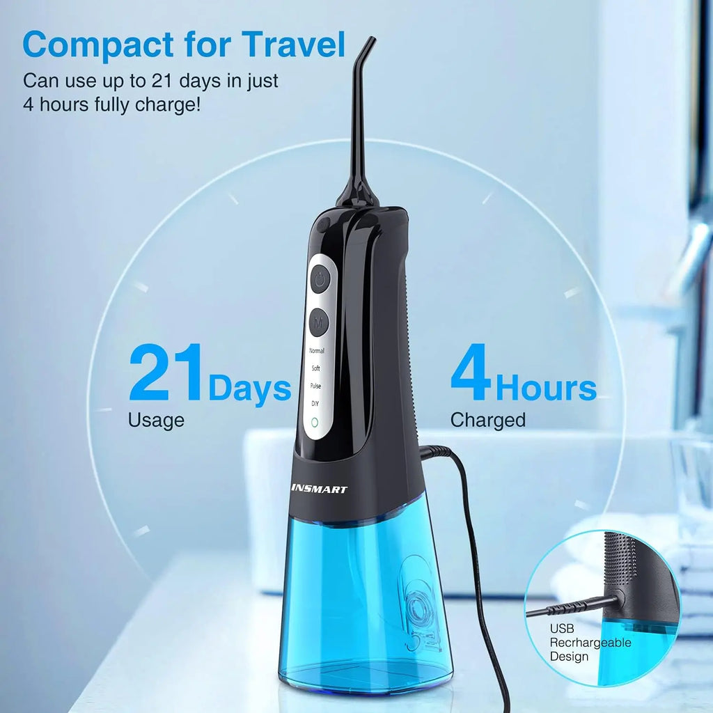 INSMART Cordless Water Flosser Teeth Cleaner, INSMART Professional 300ML Tank DIY Mode USB Rechargable Dental Oral Irrigator for Home and Travel, IPX7 Waterproof 3 Modes Water Flosser for Oral Care