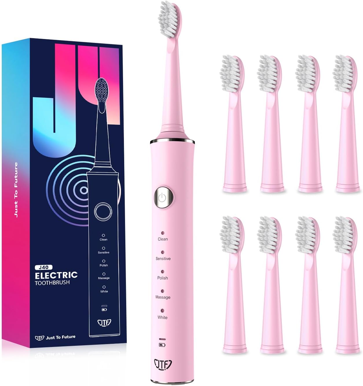 JTF Electric Toothbrush, Sonic Toothbrush with 8 Brush Heads, 5 Modes & Smart Memory, 2 Minute Timer, IPX7 Waterproof, Rechargeability, Quick Charge 3H, Adults (Pink)