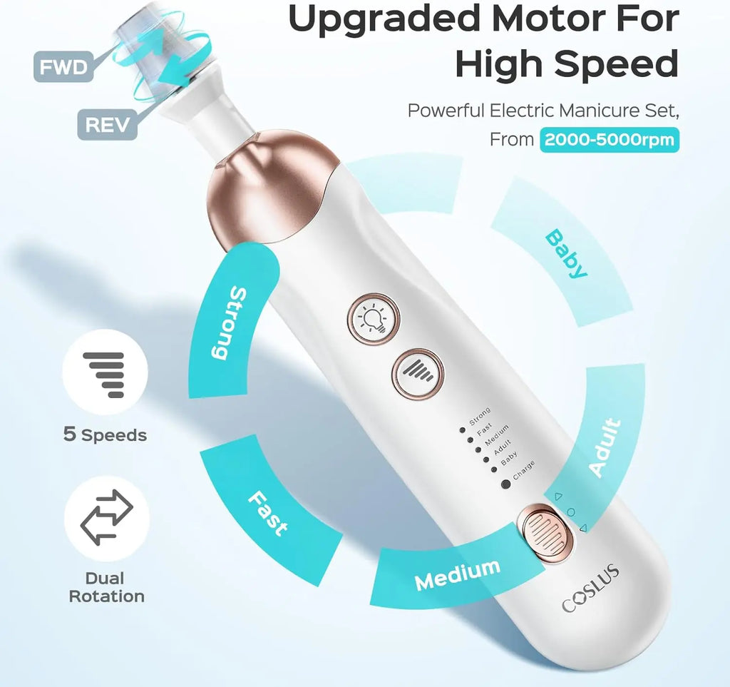 Professional Manicure Pedicure Kit Cordless: COSLUS 9 in 1 Electric Nail Drill Tools 5 Speeds Nail File Cuticle Grinder for Thick toenail 8Pcs Nail Drill Bits LED Pedicure Set for Feet Hand Women Men