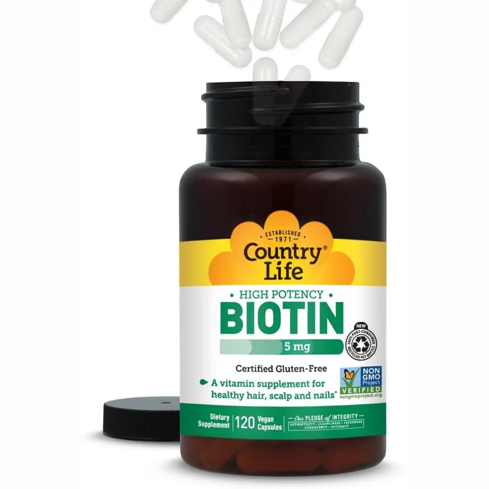 Country Life High Potency Biotin 5mg bottle with orange capsules and non-GMO verified seal
