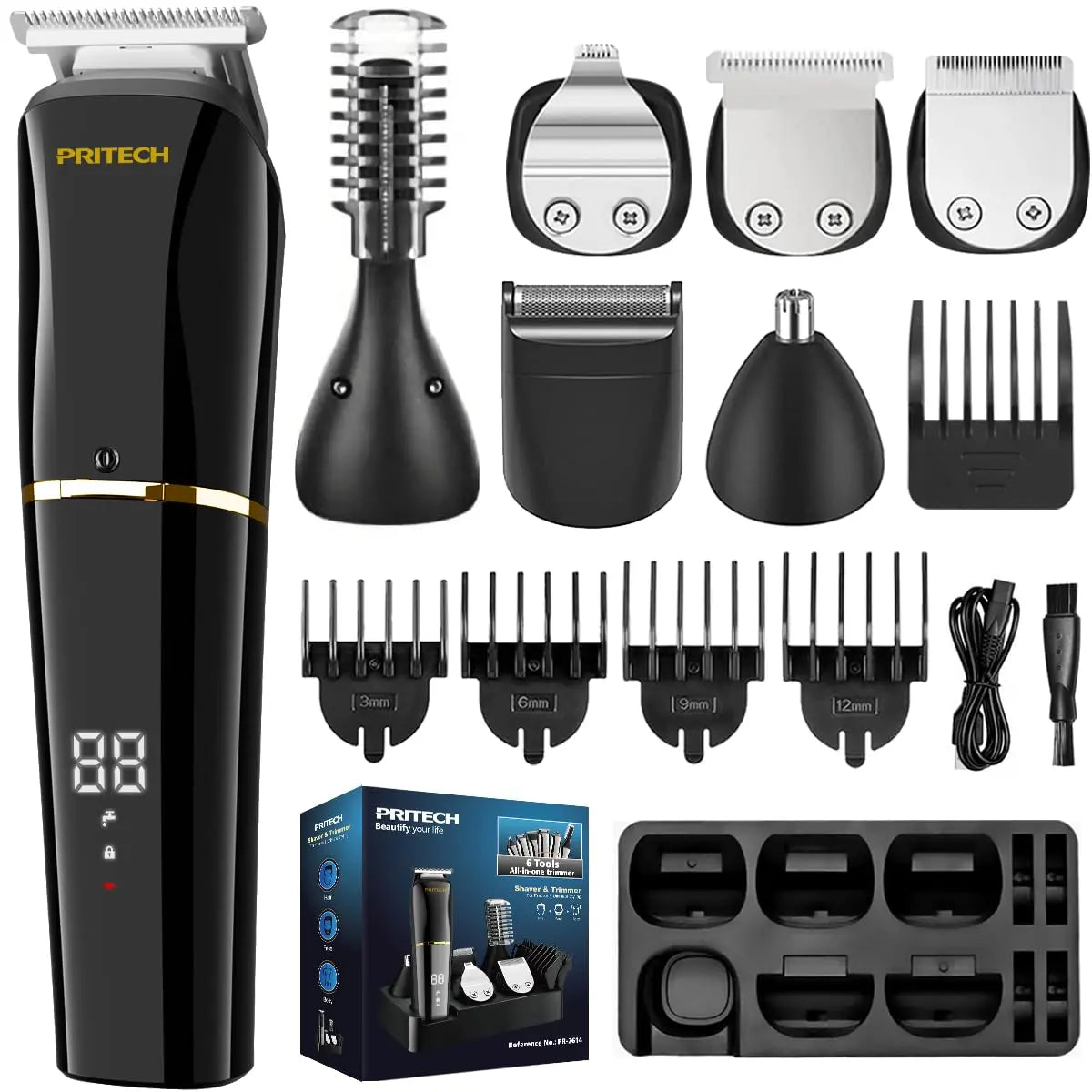 PRITECH red beard trimmer kit with USB cable storage case and attachments