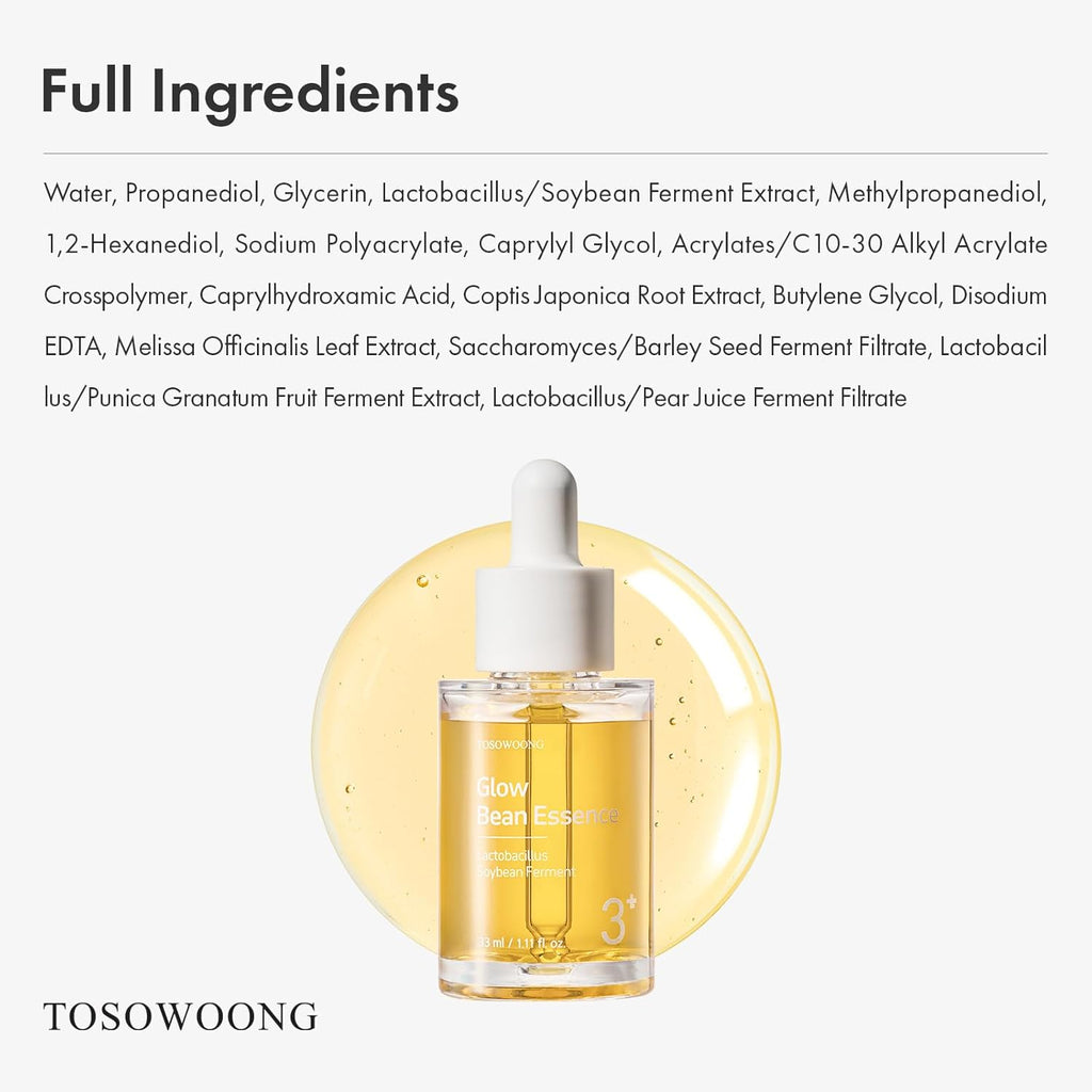 TOSOWOONG Glow Bean Essence, 31,025ppm Soybean Ferment Extract, Glass Skin, Exfoliating, Hydrating, Radiant, Moisturizer, Barrier, Face Serum, Korean Skin Care, 33ml / 1.11 fl. oz