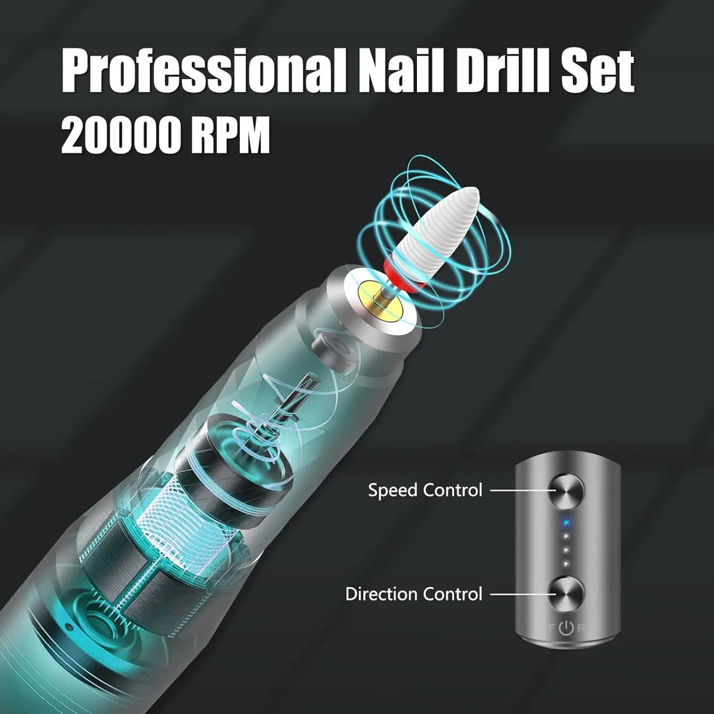 Technical illustration of 20000 RPM professional nail drill motor with speed and direction controls