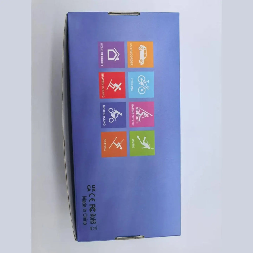 Jadfezy action camera box showing icons for cycling skiing and marine sports use cases