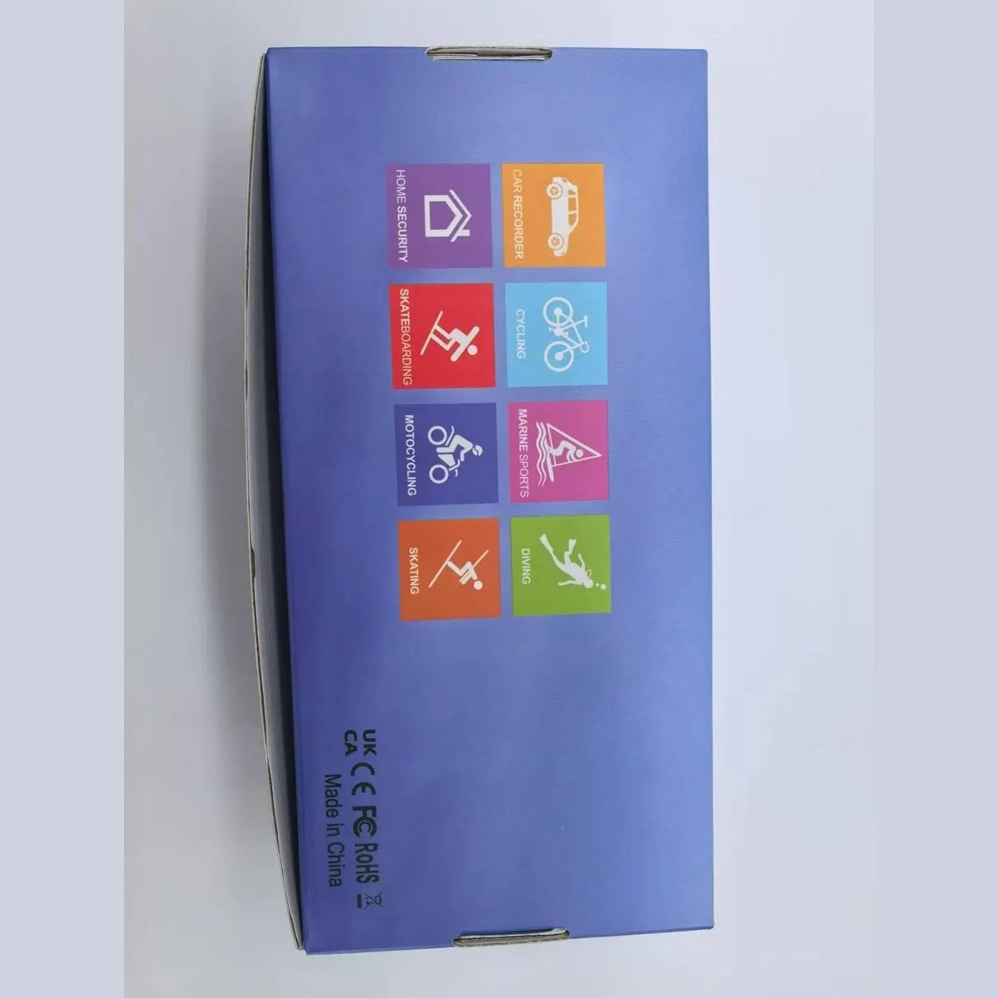 Jadfezy action camera box showing icons for cycling skiing and marine sports use cases