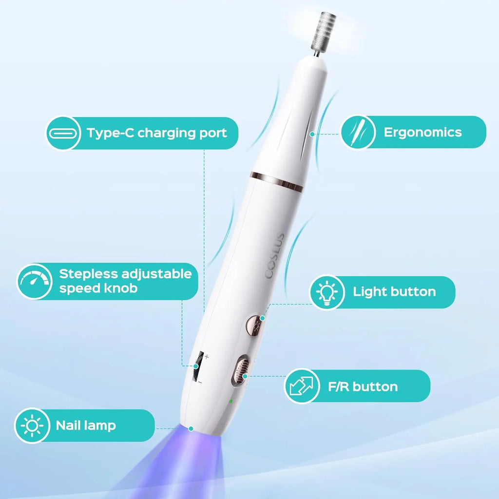 Cordless Nail Drill Electric File: COSLUS with Nail Lamp 2 in 1 Portable Nail Drill Machine Kit, Professional for Acrylic Gel Dip Powder Nails, Rechargeable Manicure Pedicure Tools Polish Set White