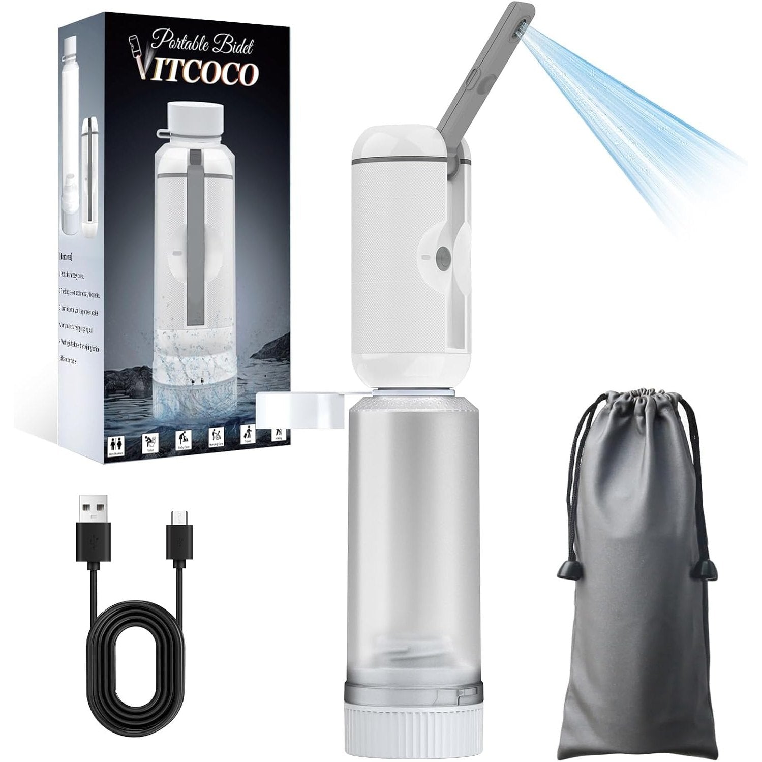 Portable Bidet for Travel, VITCOCO Rechargeable Travel Bidet Handheld Sprayer, Waterproof High Pressure Bidet for Personal Hygiene Cleaning, Soothing Postpartum Care(White)