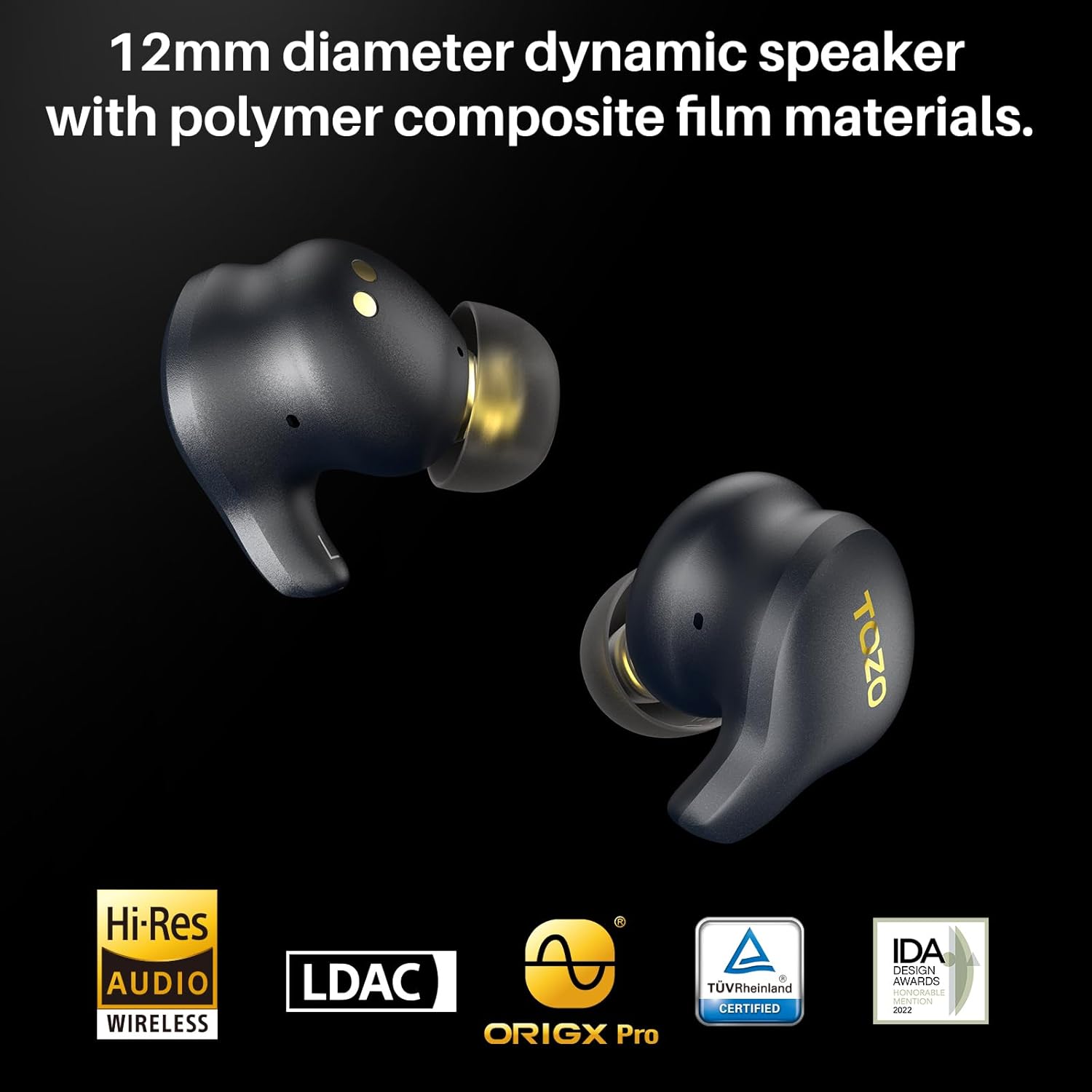 TOZO Golden X1 Wireless Earbuds Bluetooth Headphones Support Ldac Hd Audio-Decoding,Origx Hi-Res Audio Wireless, Active and Environment Noise Cancellation with Smart Touch Headset Black