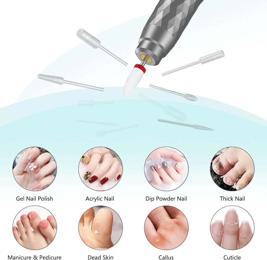 Gray electric nail drill with ceramic bit for removing calluses, dead skin, and thick nails