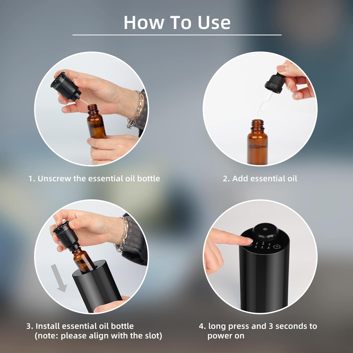 Wasserloser Diffusor, Aromatherapie Zerstäubungsdiffusor, 10/30/90s Sprüheinstellung, Timer & Ätherisches Öl Diffusor Batteriebetrieben Hält 10 h, Super Leise und dichter Nebel für Auto,Raum,Büro