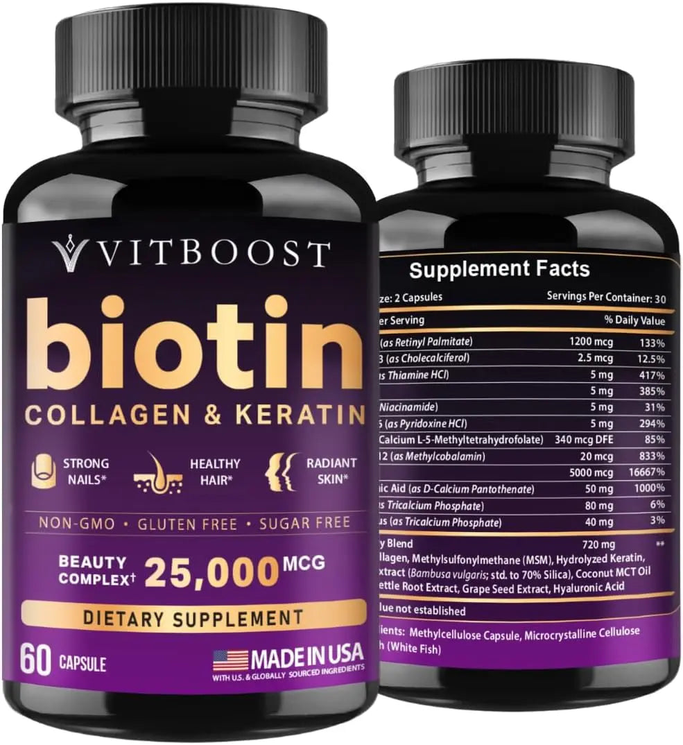 VITBOOST Biotin with Hyaluronic Acid, Collagen and Keratin – 25000 mcg Hair Growth Vitamins for Men and Women – Nails and Skin, USA Made - Third Party Tested, B1, B2, B3, B6, B7 Complex - 60 Capsules