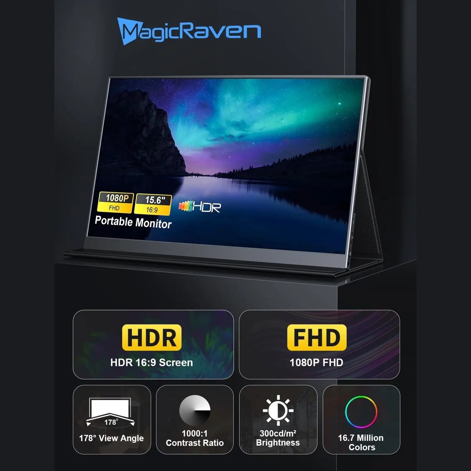 15.6 inch MagicRaven FHD portable laptop monitor with HDR and wide viewing angle display