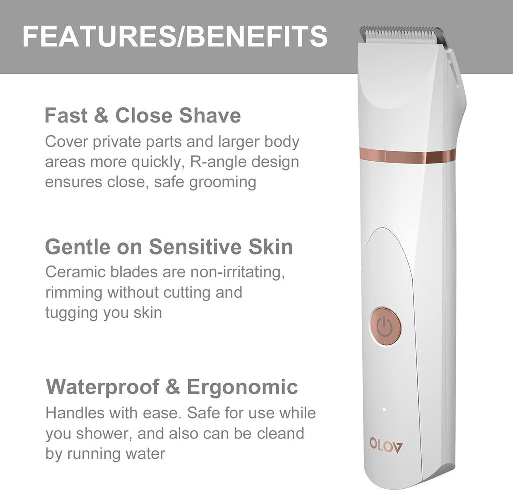 OLOV Bikini Trimmer Women - Wet/Dry Body Shaver Groomer, Replaceable Ceramic Blade Heads, USB Recharge Dock & Nosetrimmer Head Heads, Waterproof Male Hygiene Razor, White