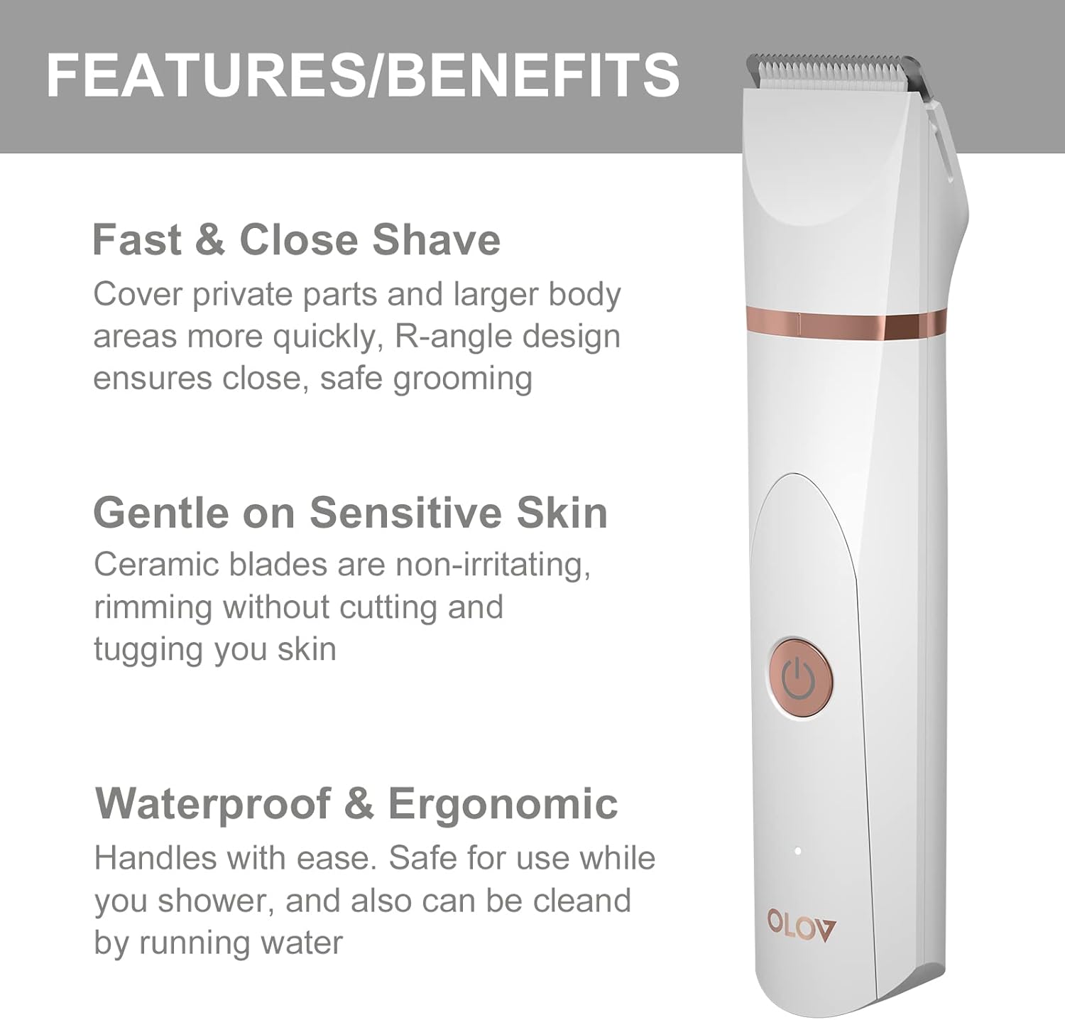 OLOV Bikini Trimmer Women - Wet/Dry Body Shaver Groomer, Replaceable Ceramic Blade Heads, USB Recharge Dock & Nosetrimmer Head Heads, Waterproof Male Hygiene Razor, White