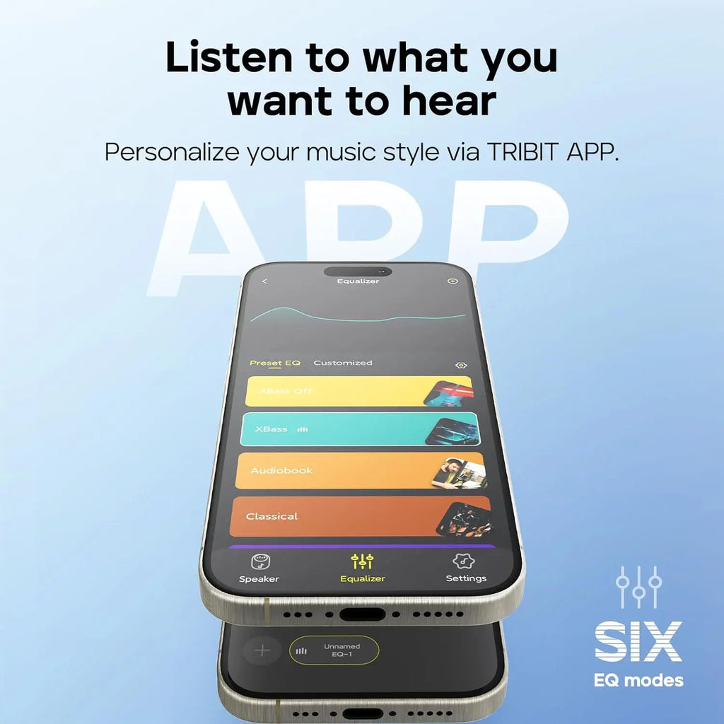 Smartphone app interface for Tribit StormBox showing six customizable EQ modes