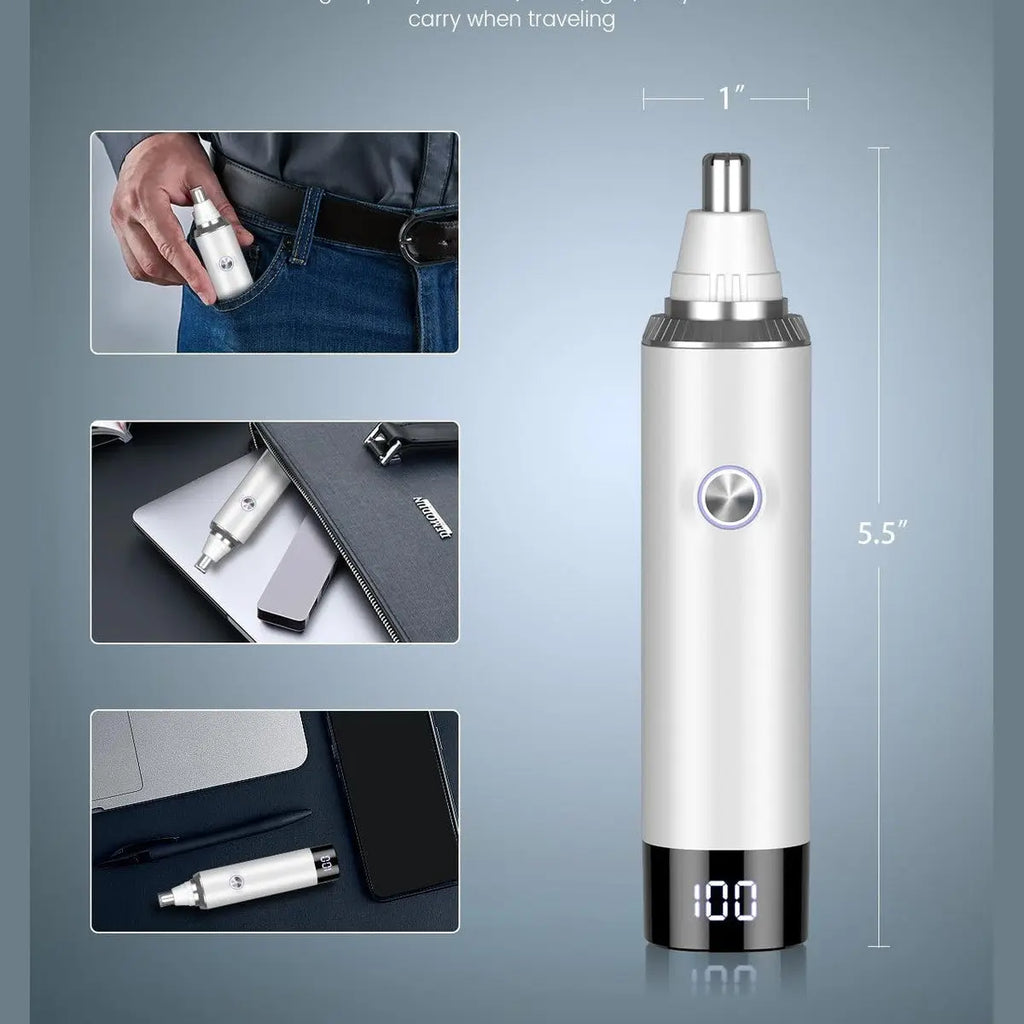 Rechargeable USB Nose & Ear Trimmer, Facial Hair Remover, Easy to Clean, Dual Edge Blades, IPX7 Waterproof,White