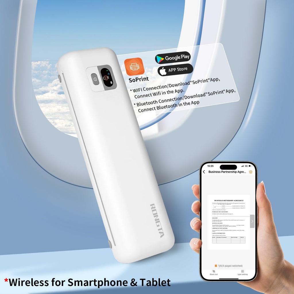Rongta Portable Printers Wireless for Travel, 300DPI WiFi & Bluetooth Mobile Thermal Inkless Printer for School/Office/Home Use, Compatible with Android,iOS & Laptop (White)