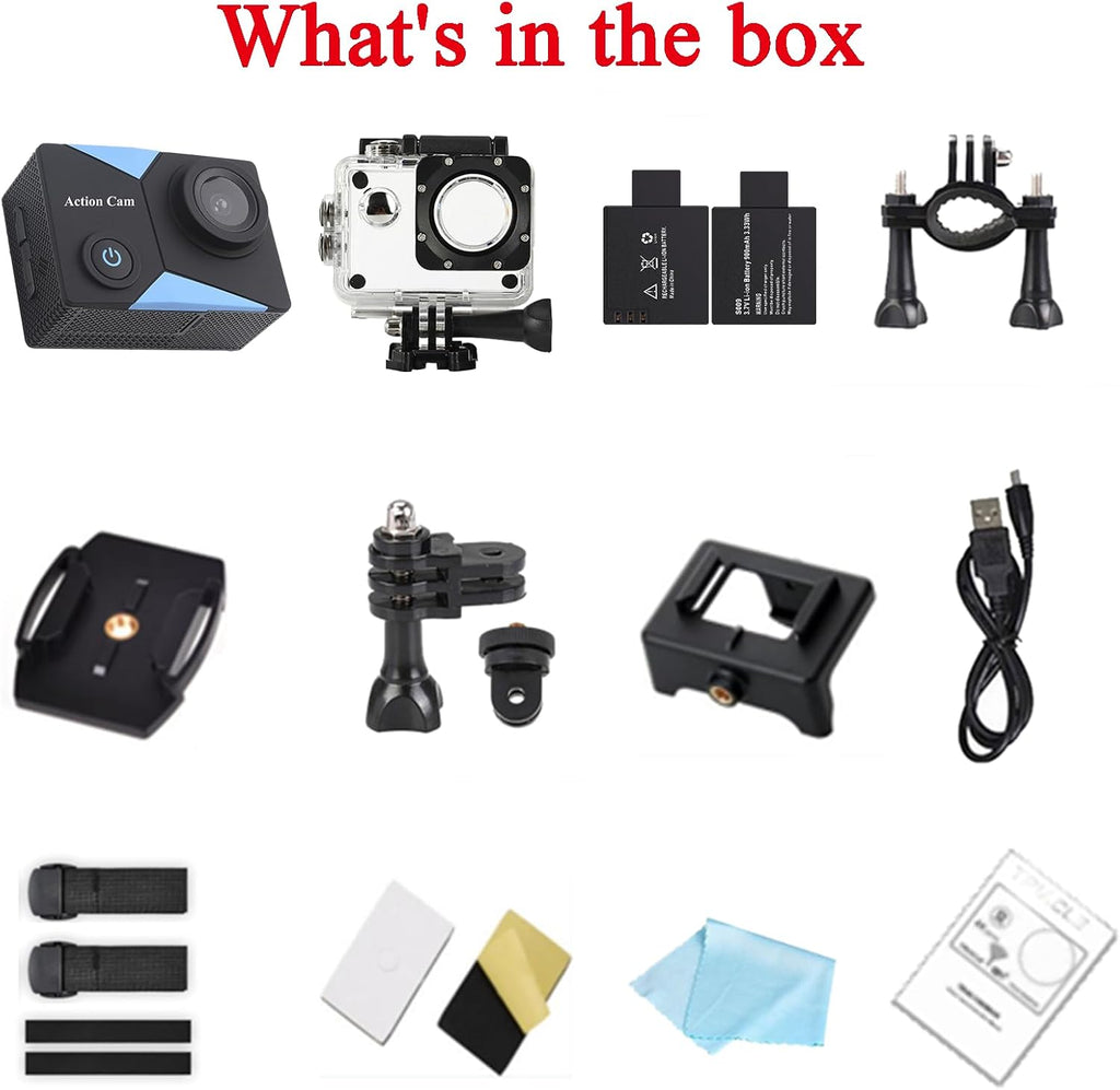 Nvgfelis WiFi Action Cam FHD, Underwater Camera Waterproof up to 30 m, Action Camera with 2 x 1050 mAh Rechargeable Batteries and Accessory Set