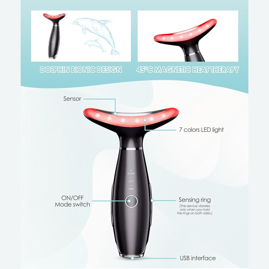 ELISHINE 7 Color Neck Face Massager - Facial Massager Tool for Skin Care at Home, Vibrating Face Massager with Thermals, Black