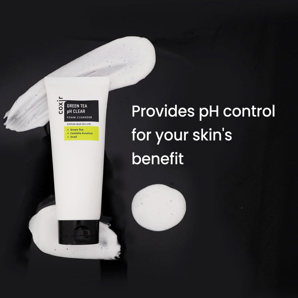 coxir GREENTEA PH CLEAR FOAM CLEANSER 5.07 Fl Oz l Low pH Formula Facial Washes with Gentle Exfoliating l deep cleanses pores and remove dead skin cells on skin