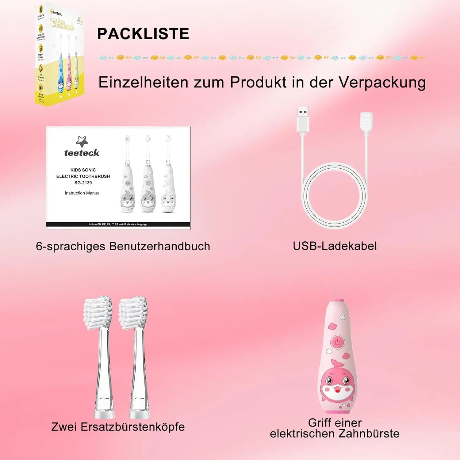 Teeteck SG2139 Electric Toothbrush for Children - Sonic Toothbrush Baby 1-6 Years with Rainbow LED Light, with 2 Brush Heads, Magnetic USB Charging Cable, IPX7 Waterproof, Pink
